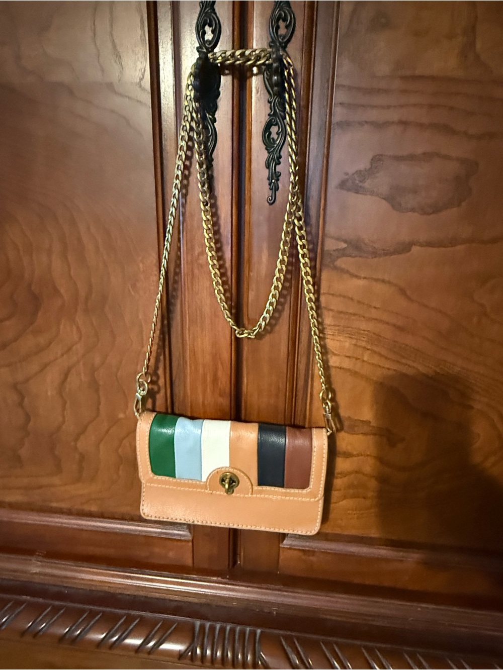 Fossil striped Leather Crossbody Bag in Tan with Gold Chain